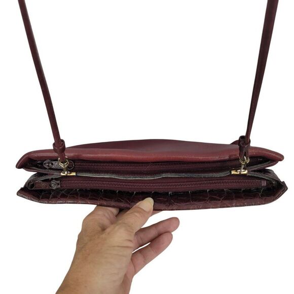 Vtg Oxblood Burgundy Wine Leather Embossed Croc Convertible Clutch Shoulder Bag - Picture 12 of 15